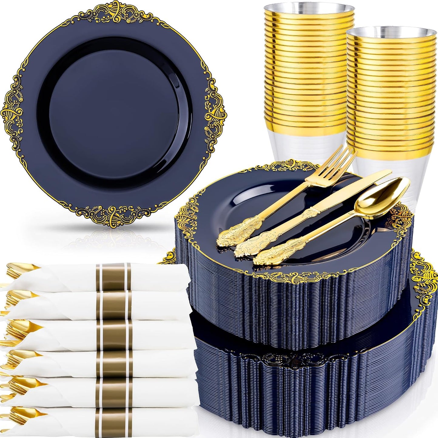 Nervure 350Pcs Gold Plastic Plates, Disposable Dinnerware Set for 50 Guests | 100 White Disposable Plates, 50 Pre Rolled Silverware Set, 50 10oz Cups, Perfect for Wedding, Party, Back to School, BPA-free