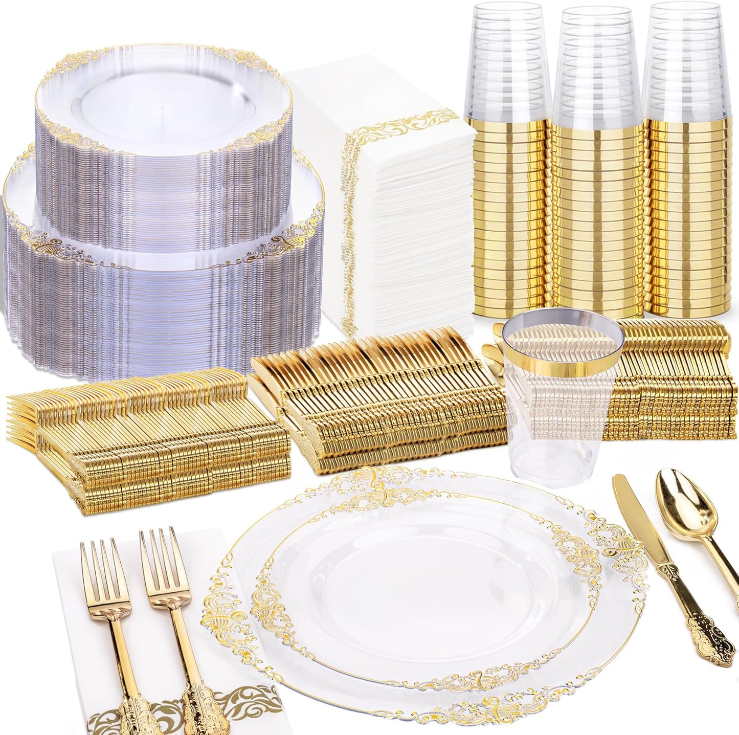 Nervure 350Pcs Gold Plastic Plates, Disposable Dinnerware Set for 50 Guests | 100 White Disposable Plates, 50 Pre Rolled Silverware Set, 50 10oz Cups, Perfect for Wedding, Party, Back to School, BPA-free