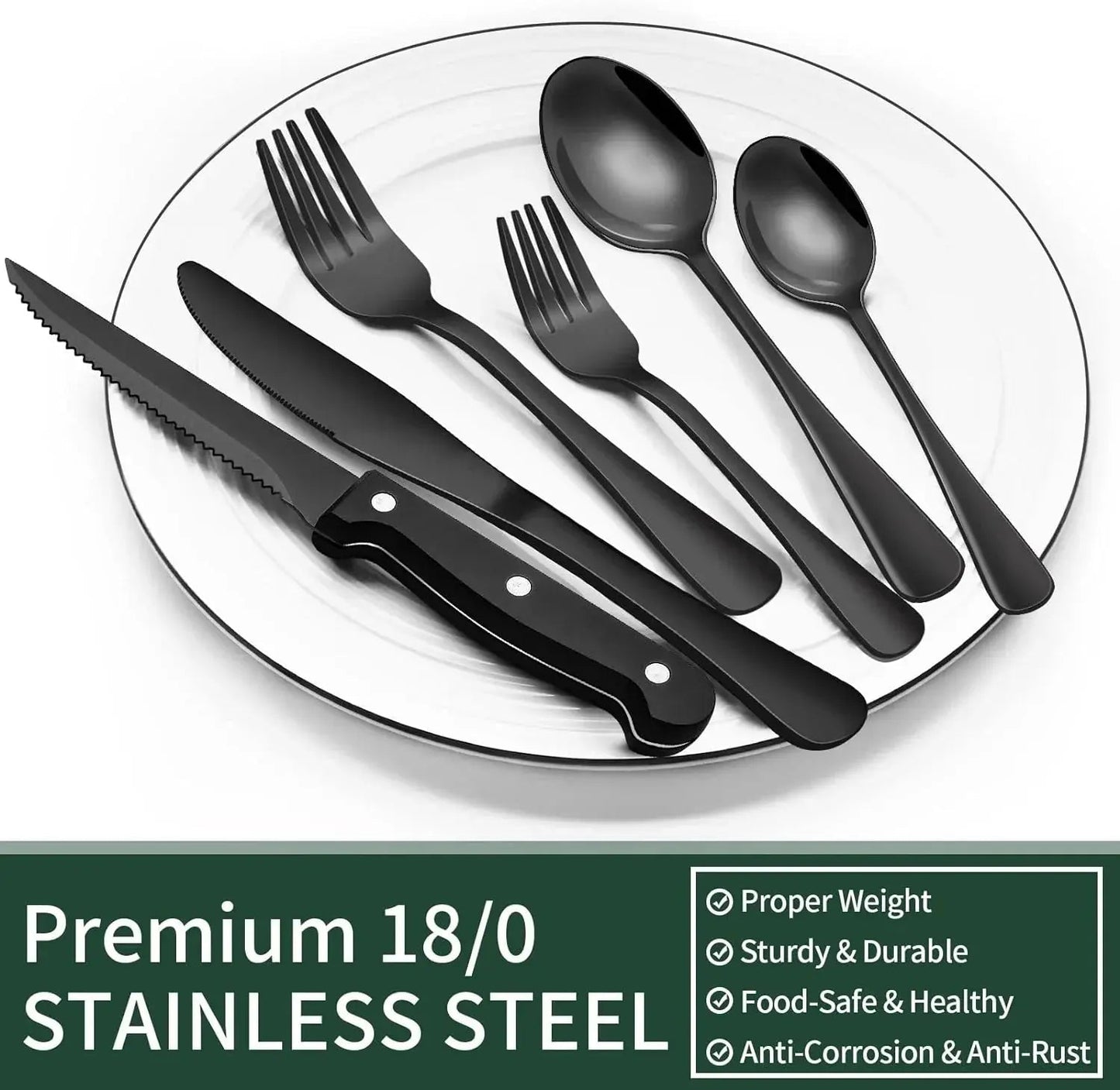 Cutlery Set | 24-Piece Matte Black Design | Includes Steak Knives | CutleryCraft