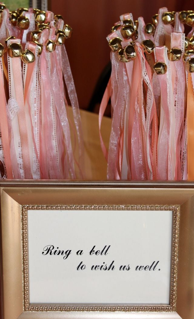 Romantic Blush Pink Lace Wedding Ribbon Wands with Gold Bells