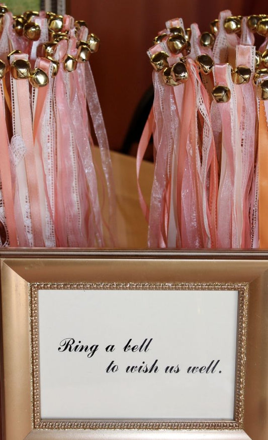 Romantic Blush Pink Lace Wedding Ribbon Wands with Gold Bells