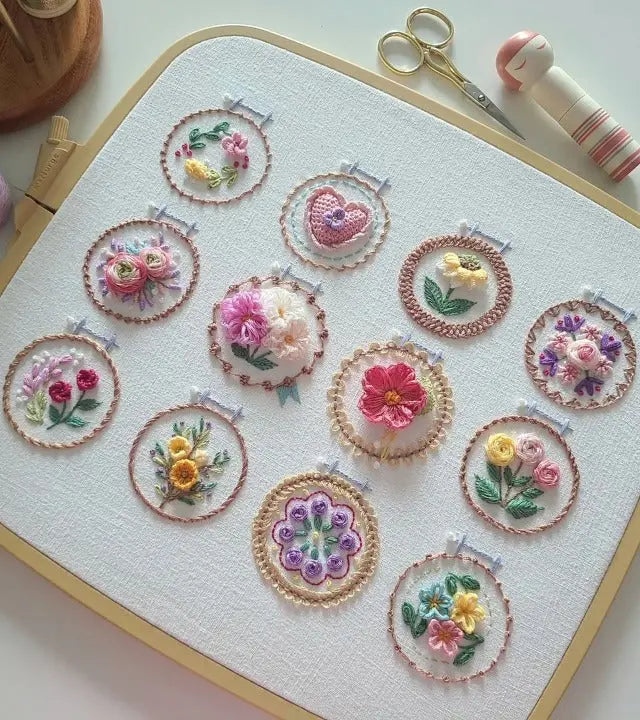 Embroidery Kit Featuring 12 Floral Designs | All-Inclusive Set | Ready for Use | NeedleNest
