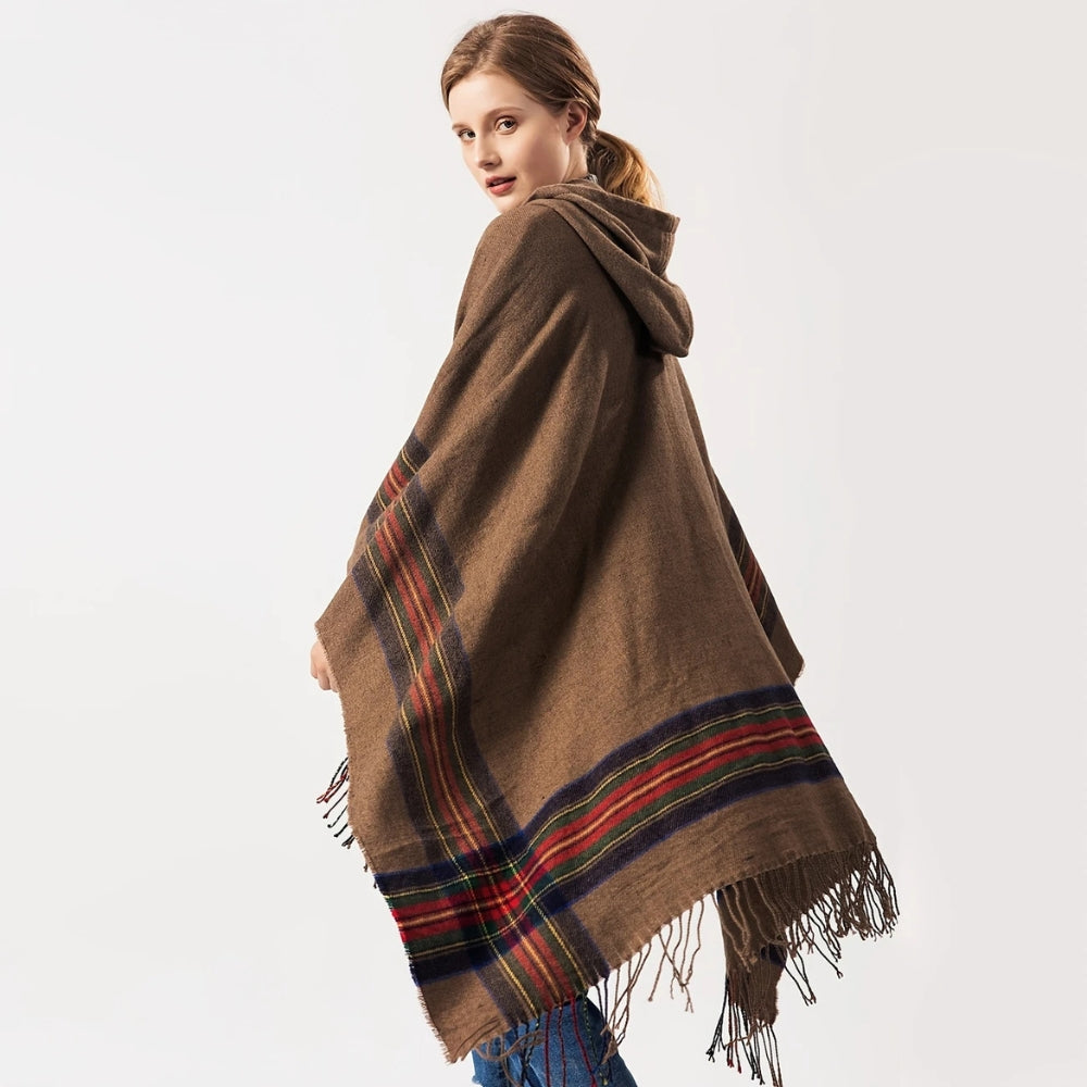 Acrylic Hooded Striped Poncho Shawl