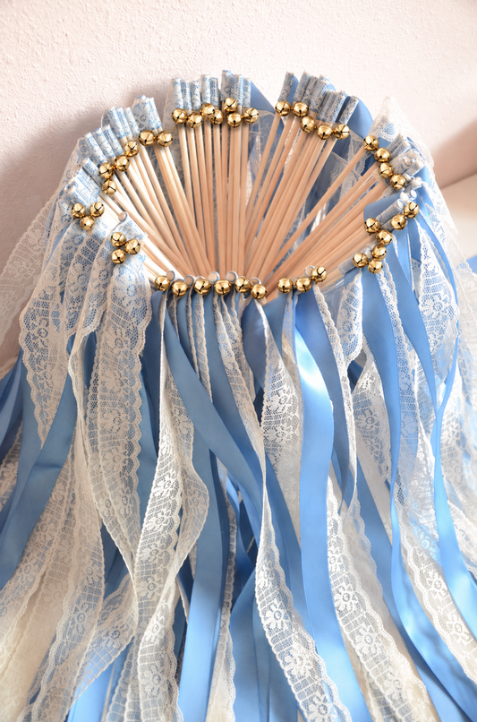 Blue and White Lace Wedding Ribbon Wands with Gold Bells