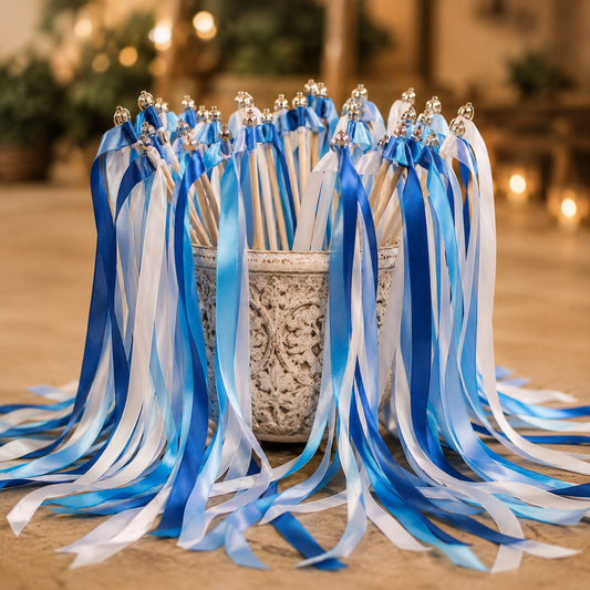 Royal Blue Aqua Ribbon Wands with Gold Bells for Beach Wedding Send Off