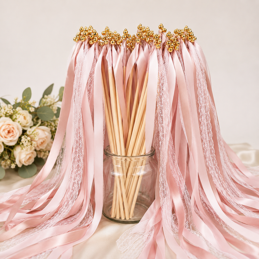 Romantic Blush Lace Ribbon Wands with Gold Bells for Wedding Send Off