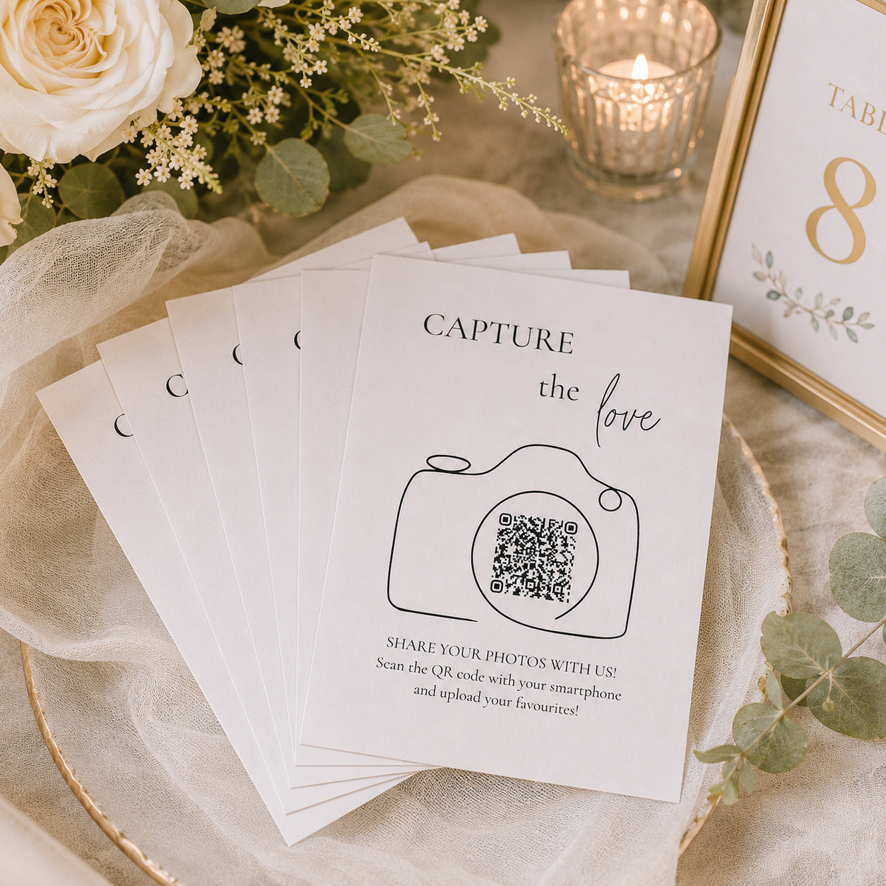 100 Capture the Love QR Code Cards | Personalized Wedding Photo Sharing Cards with Camera Design