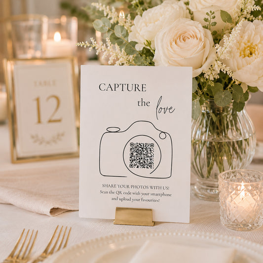 100 Capture the Love QR Code Cards | Personalized Wedding Photo Sharing Cards with Camera Design