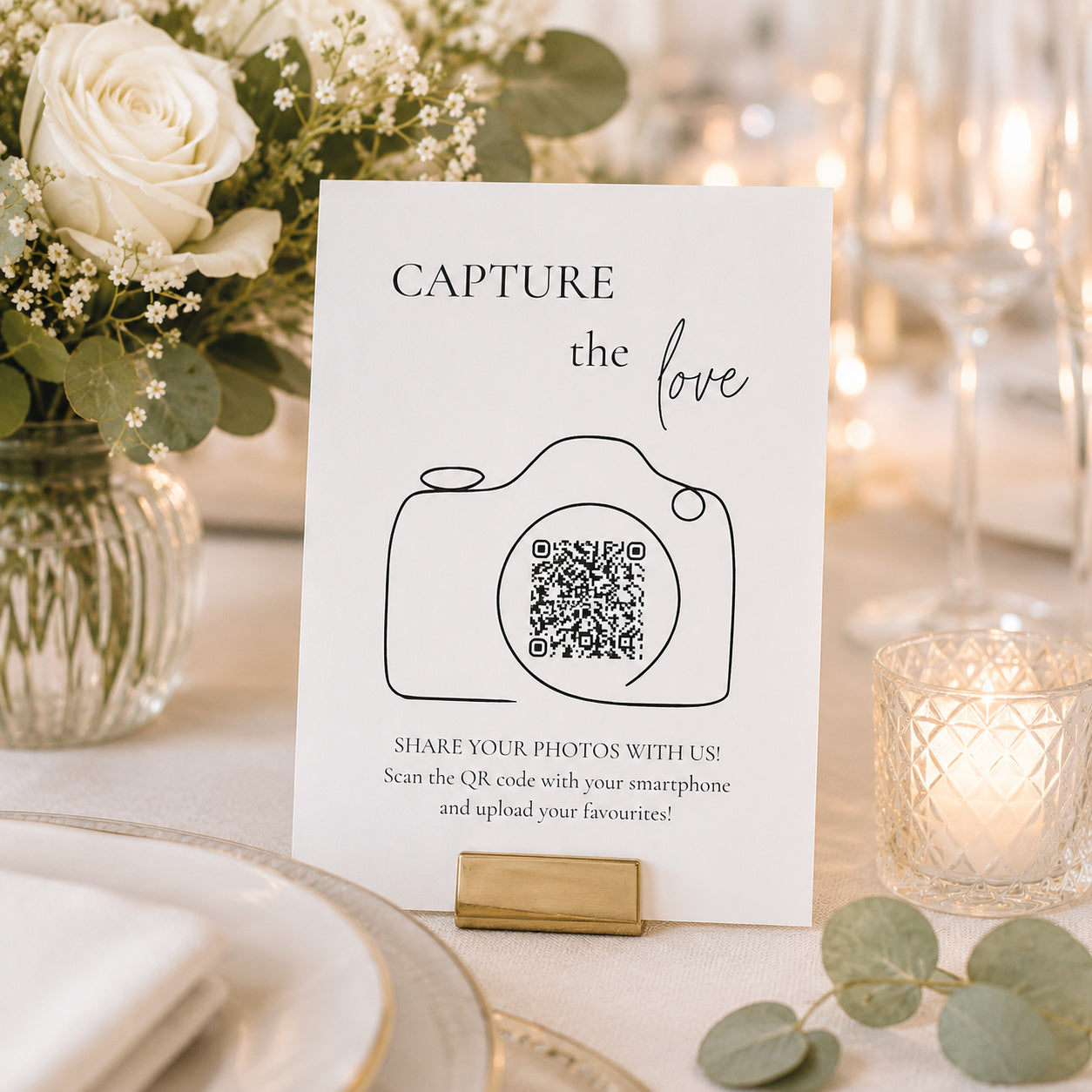 100 Capture the Love QR Code Cards | Personalized Wedding Photo Sharing Cards with Camera Design