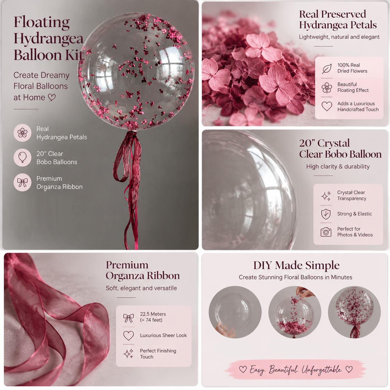 DIY Floating Floral Balloon Kit (10 Sets) / Bobo Balloons with Preserved Hydrangea Petals & Ribbon