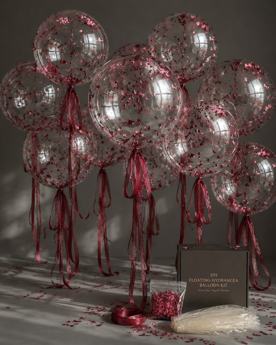 DIY Floating Floral Balloon Kit (10 Sets) / Bobo Balloons with Preserved Hydrangea Petals & Ribbon