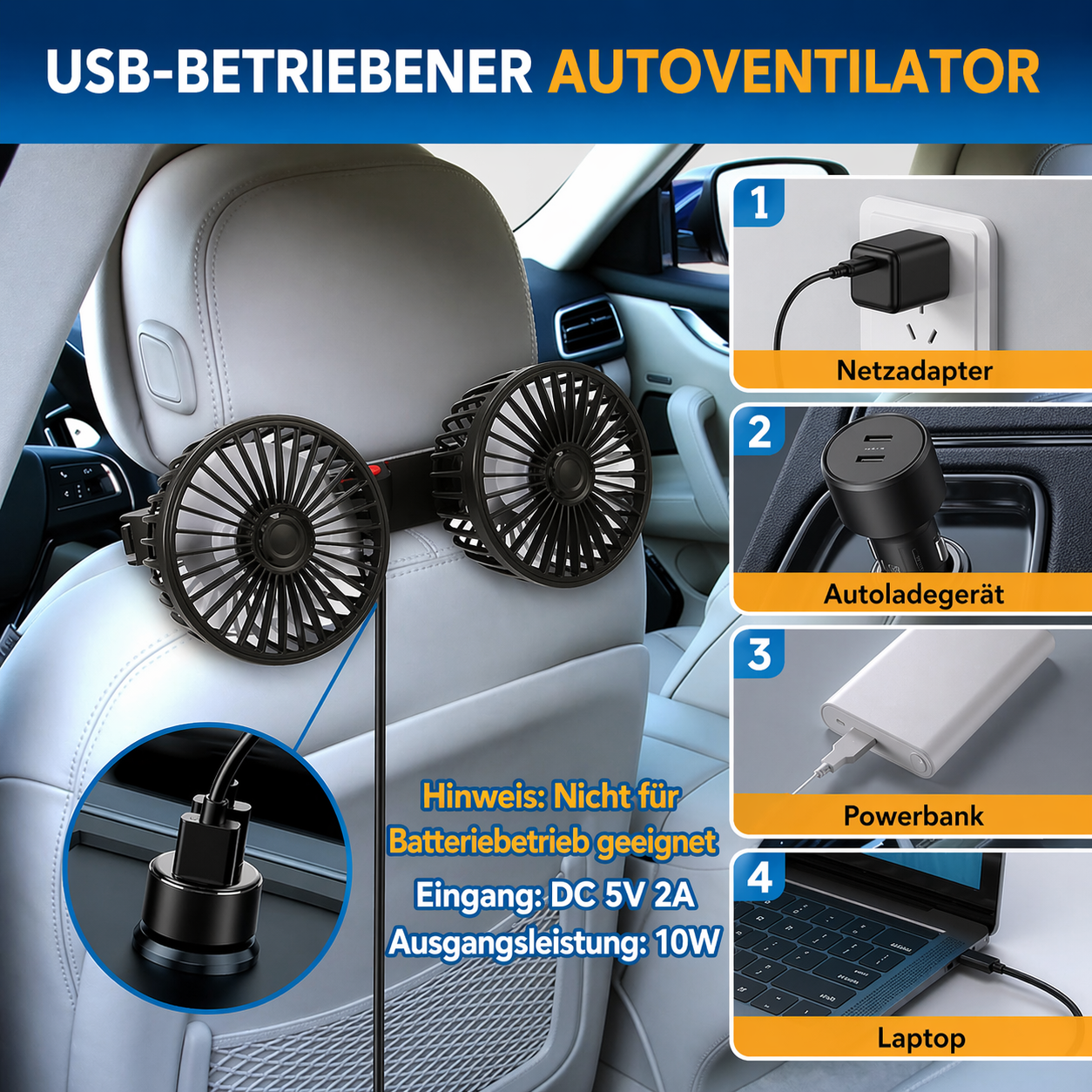 Dual-Head USB Car Fan