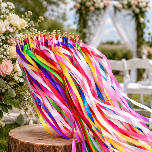 Colorful Rainbow Wedding Ribbon Wands with Gold Bells