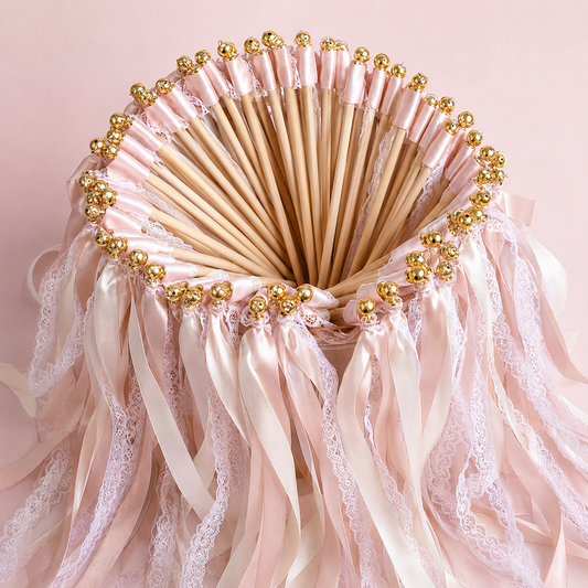 Blush Ivory Lace Ribbon Wands with Gold Bells for Romantic Wedding Send Off