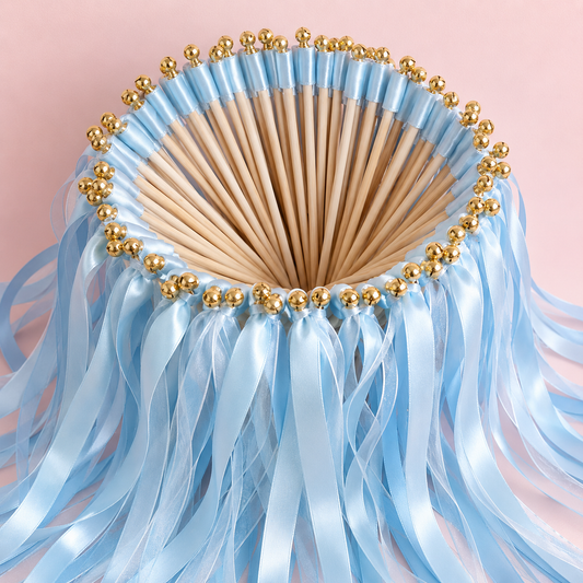 Elegant Light Blue Wedding Ribbon Wands with Gold Bells
