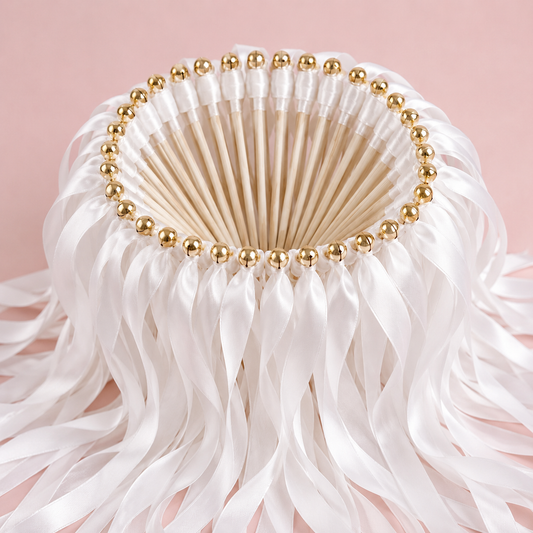 Elegant Pure White Wedding Ribbon Wands with Gold Bells