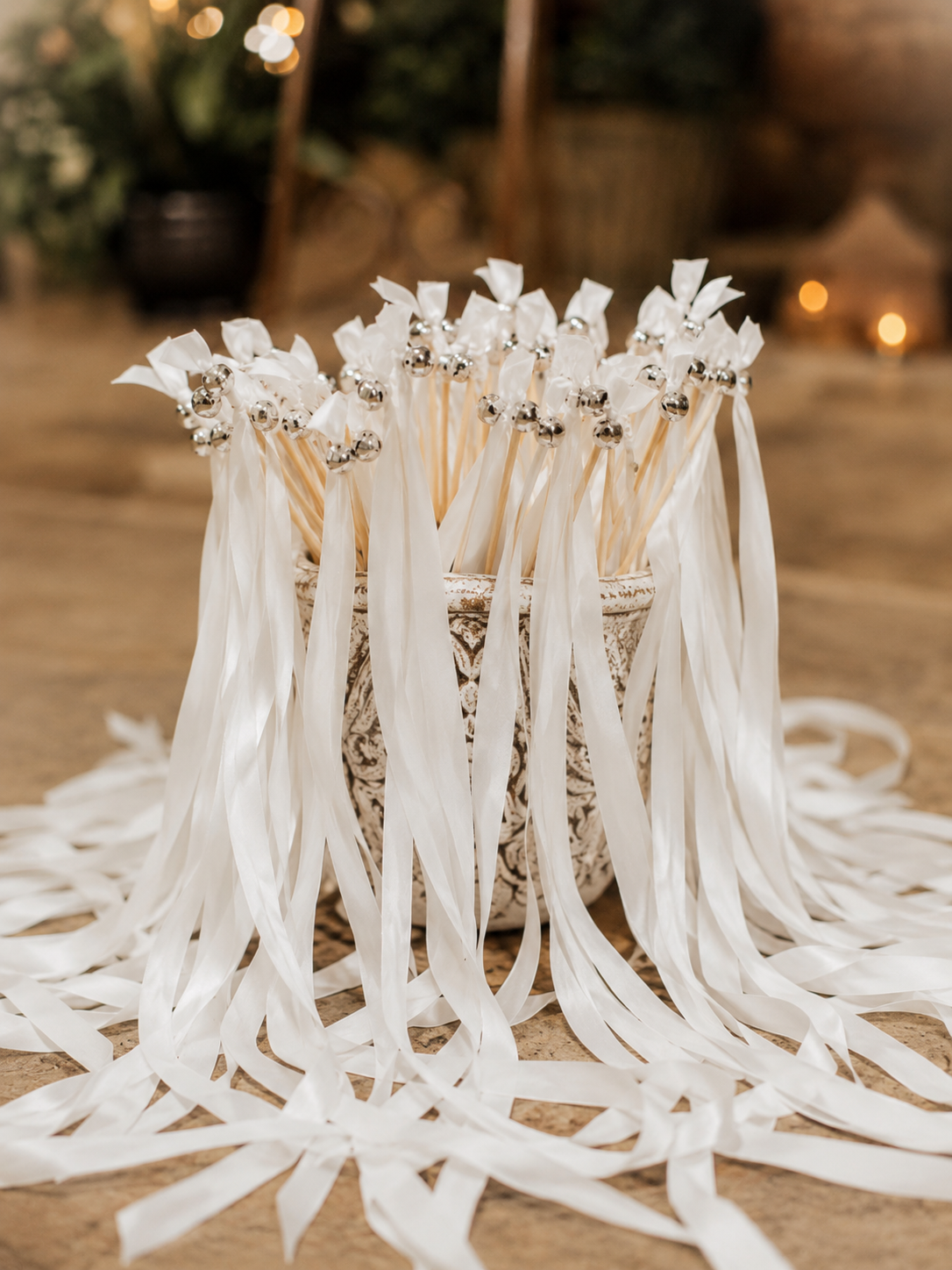 Elegant Pure White Wedding Ribbon Wands with Gold Bells