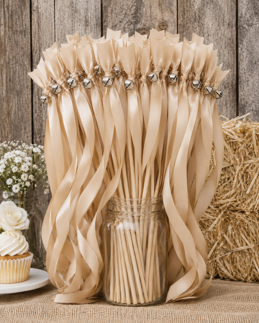 Elegant Nude Champagne Wedding Ribbon Wands with Silver Bells for Wedding Send Off