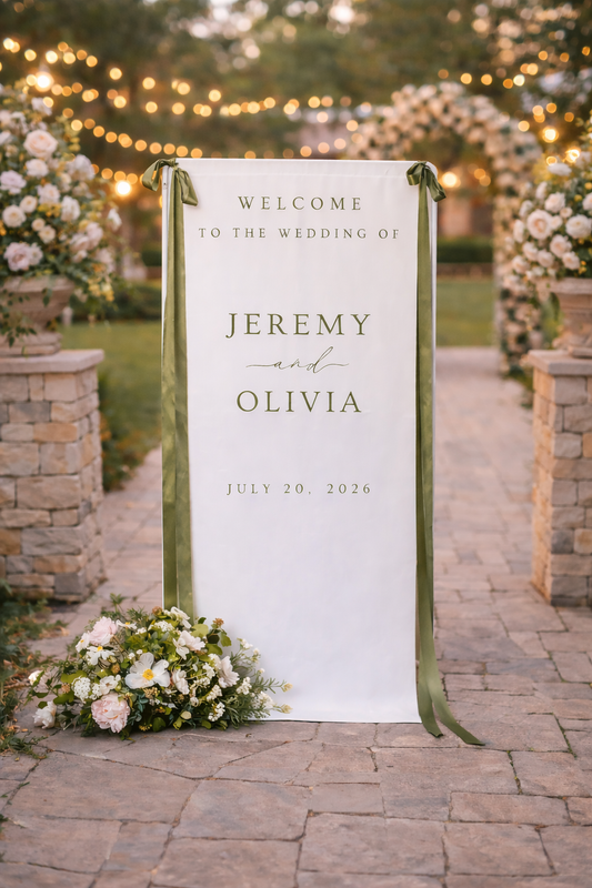 Wedding welcome sign with 'Jeremy and Olivia' at an outdoor wedding venue.