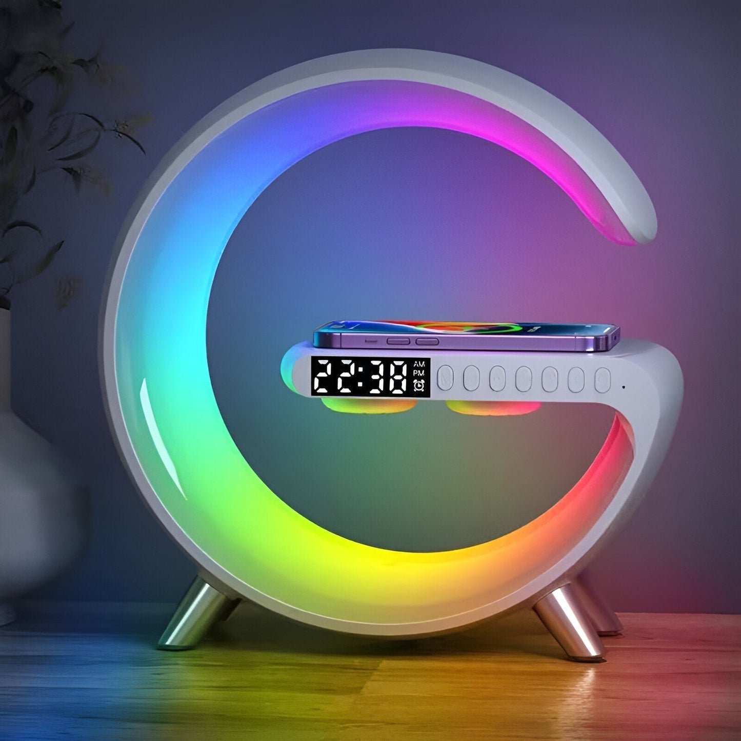 G-Shaped Nightstand Lamp with Clock and Wireless Charging Feature