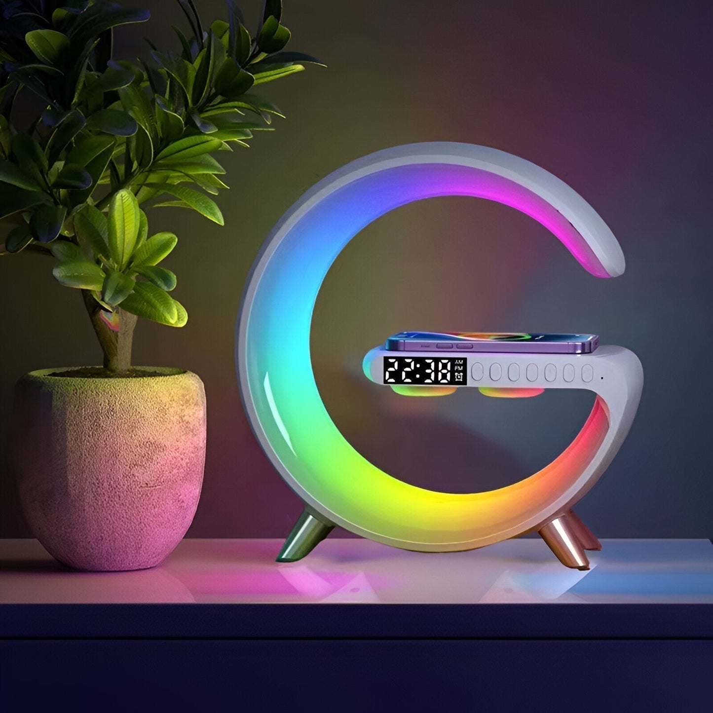 G-Shaped Nightstand Lamp with Clock and Wireless Charging Feature