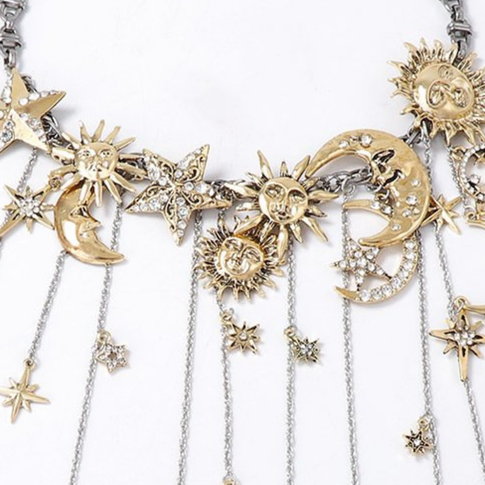 Celestra™ – Cascading Sun Moon & Star Fringe Necklace