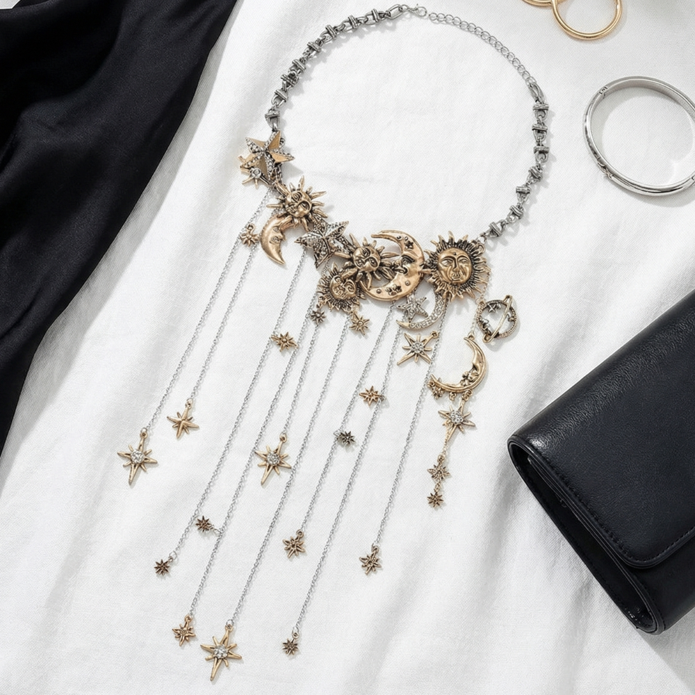 Celestra™ – Cascading Sun Moon & Star Fringe Necklace