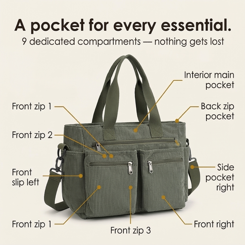 Clovera™ – Multi Pocket Corduroy Shoulder Bag