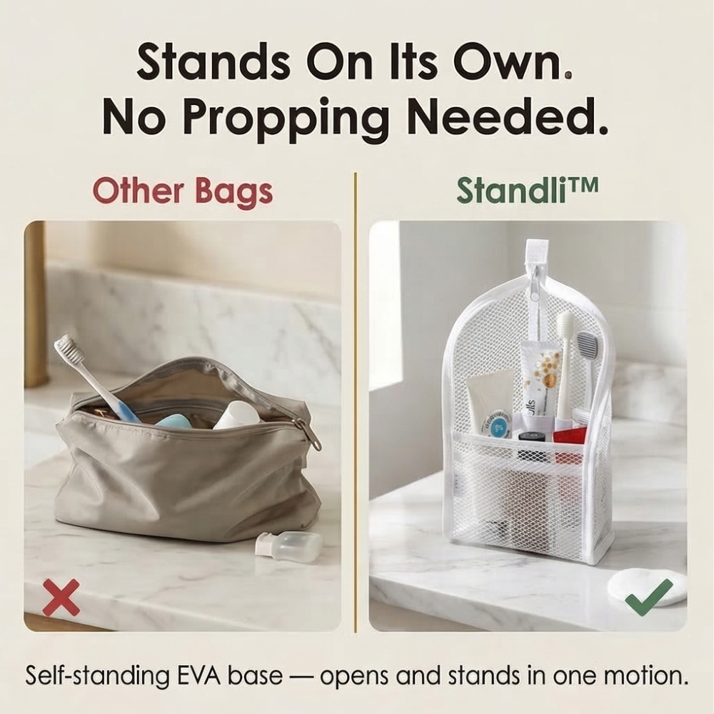 Self Standing Travel Toiletry Pouch Organizer for Toothbrush & Accessories