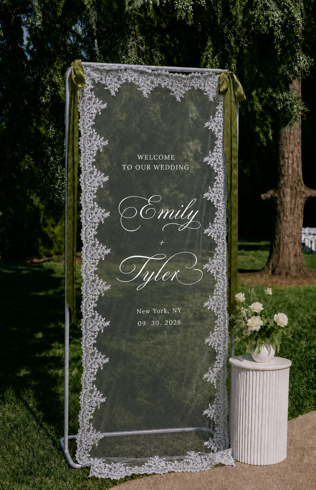Personalized Wedding Welcome Sign – Sheer Lace Tulle Fabric Banner for Ceremony & Reception