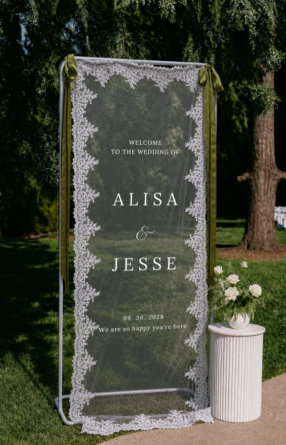 Personalized Wedding Welcome Sign – Sheer Lace Tulle Fabric Banner for Ceremony & Reception