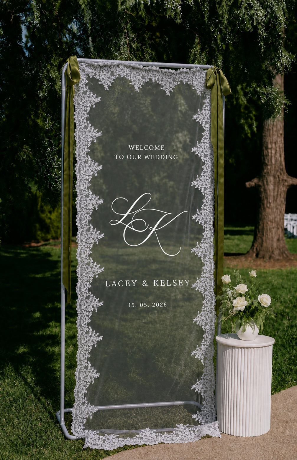 Personalized Wedding Welcome Sign – Sheer Lace Tulle Fabric Banner for Ceremony & Reception