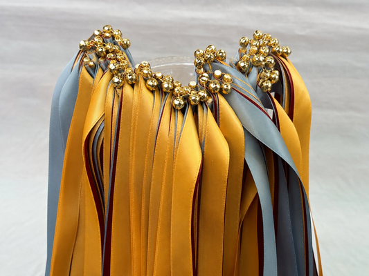 Gold and Dusty Blue Wedding Ribbon Wands with Gold Bells