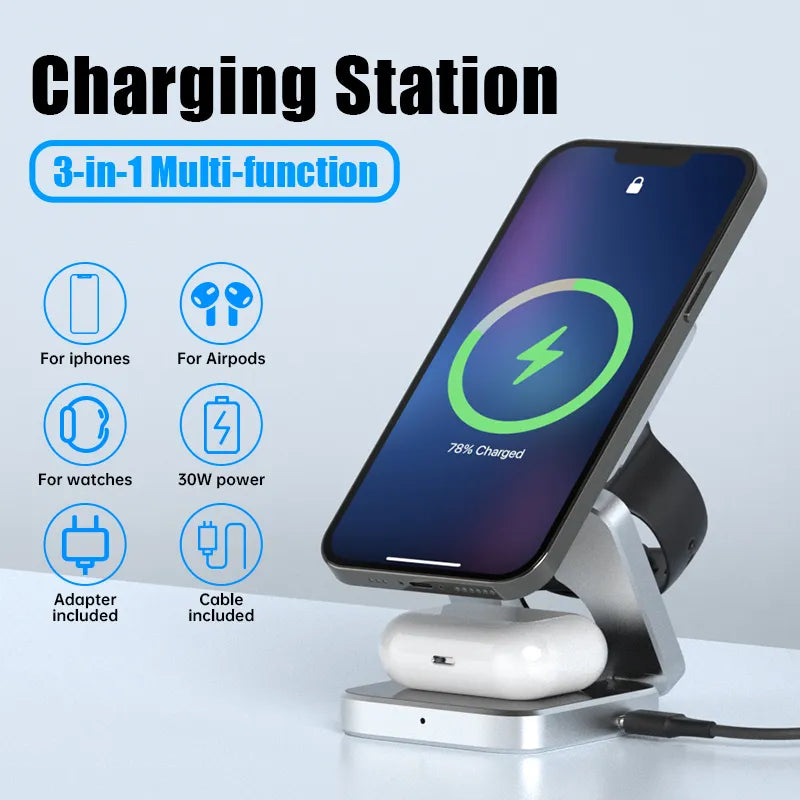 Foldable 3-in-1 Wireless Charging Dock for Phone, Watch, and Earbuds
