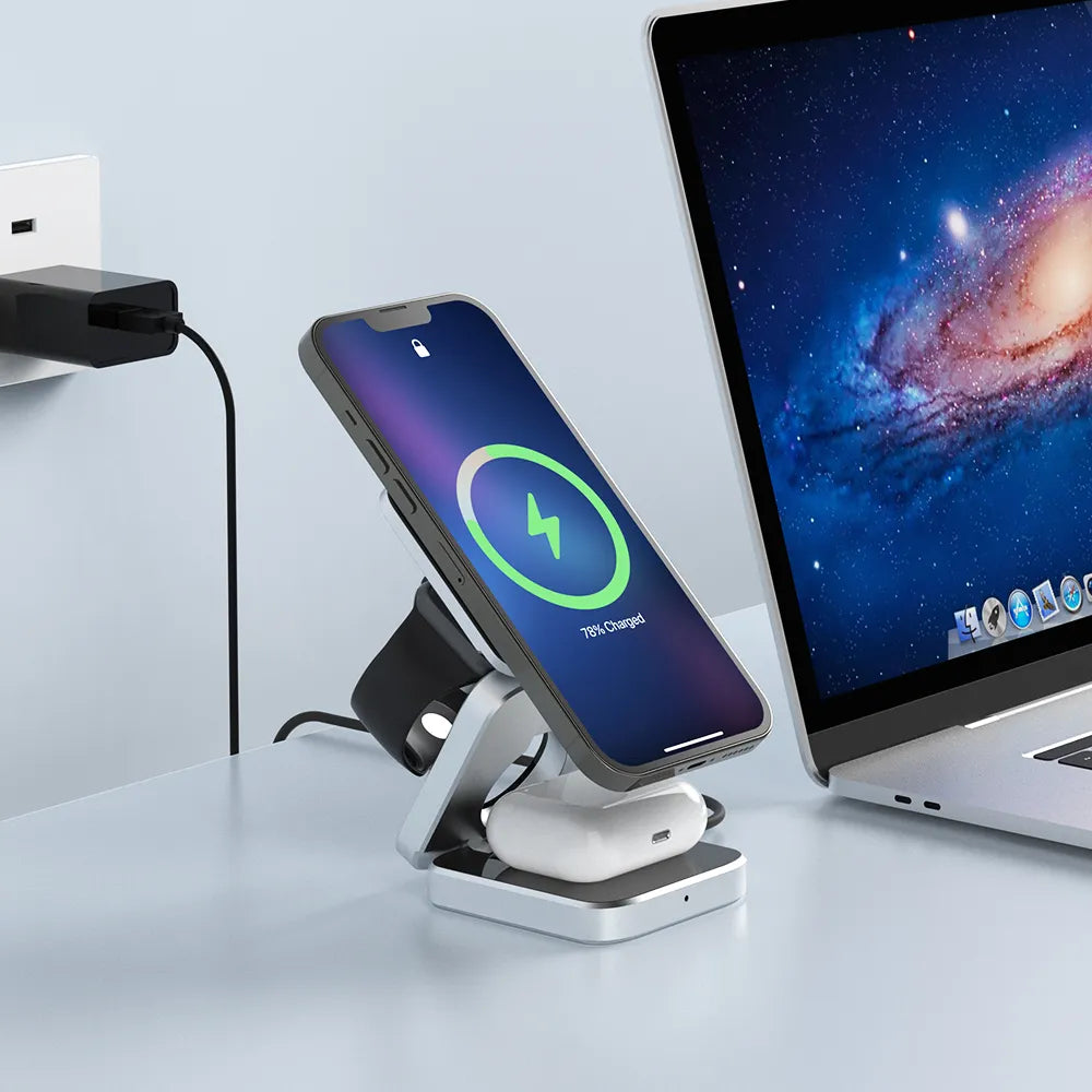Foldable 3-in-1 Wireless Charging Dock for Phone, Watch, and Earbuds