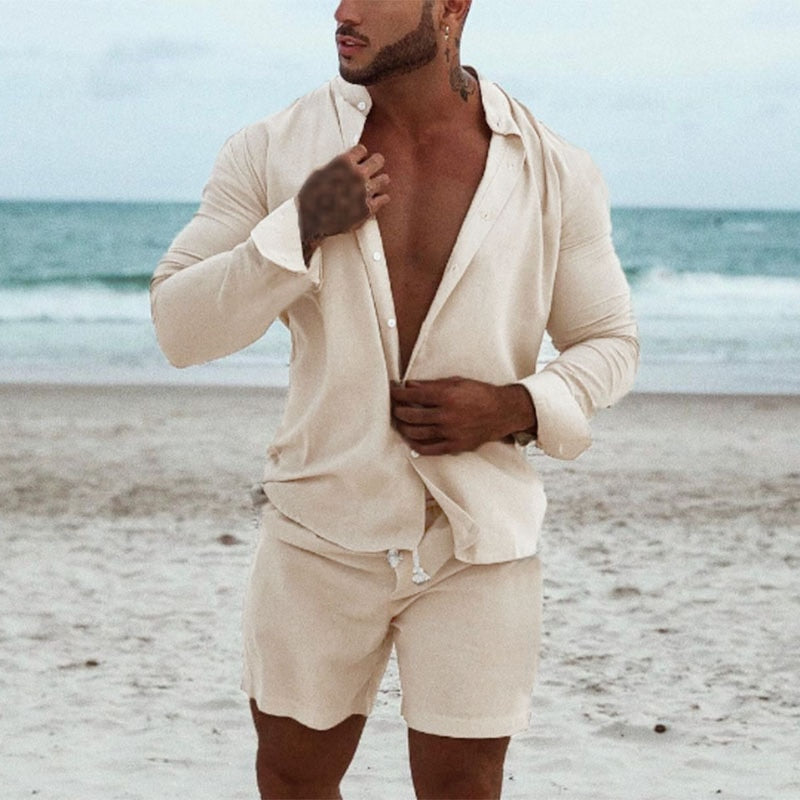 Simple Holiday Cotton Linen Shirt Shorts Set