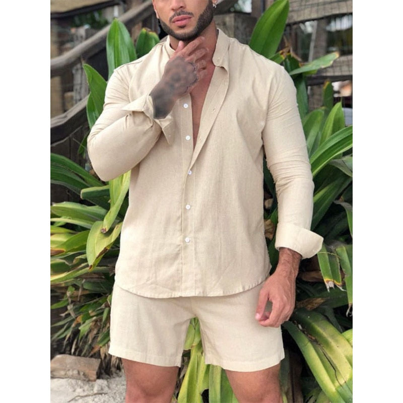 Simple Holiday Cotton Linen Shirt Shorts Set