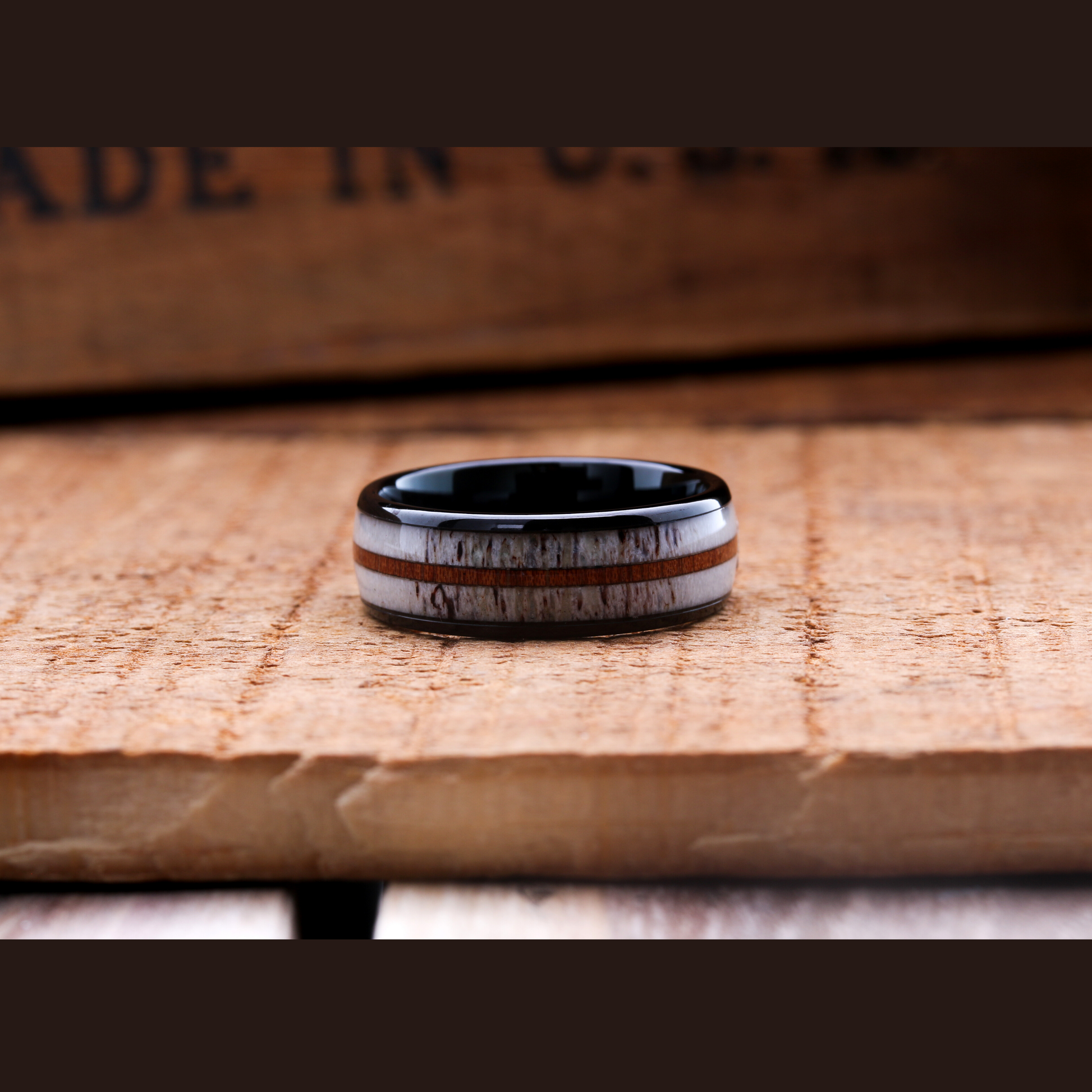 Mountain Buck Antler Ring With Koa Wood Center for Men