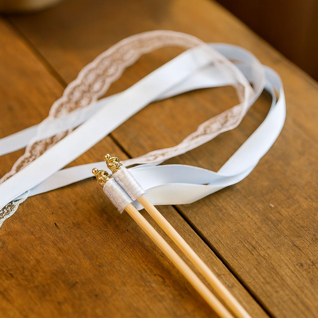 Minimal White Satin and Lace Ribbon Wands with Gold Bells for Wedding Send Off