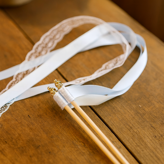 Minimal White Satin and Lace Ribbon Wands with Gold Bells for Wedding Send Off