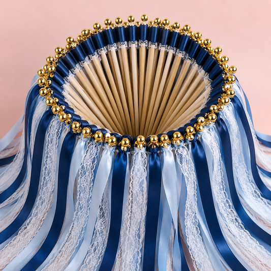 Classic Navy Blue and White Lace Ribbon Wands with Gold Bells for Wedding Send Off