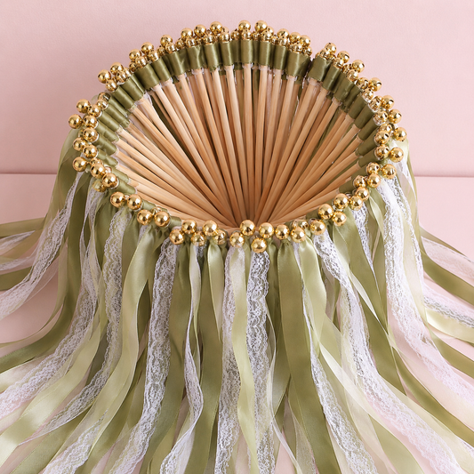 Vintage Olive Green Lace Ribbon Wands with Gold Bells for Garden Wedding Send Off