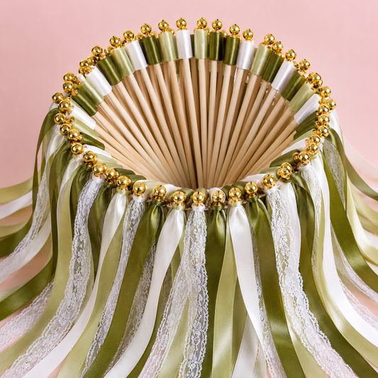 Elegant Olive Green and White Wedding Ribbon Wands with Gold Bells