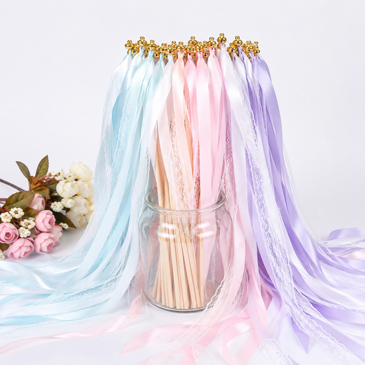 Dreamy Pastel Lace Ribbon Wands with Gold Bells for Wedding Ceremony Send Off
