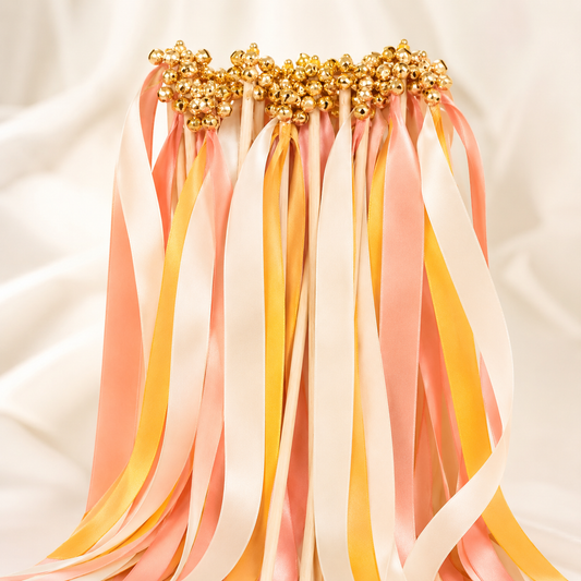 Sunset Peach Ribbon Wands with Gold Bells for Summer Wedding Send Off