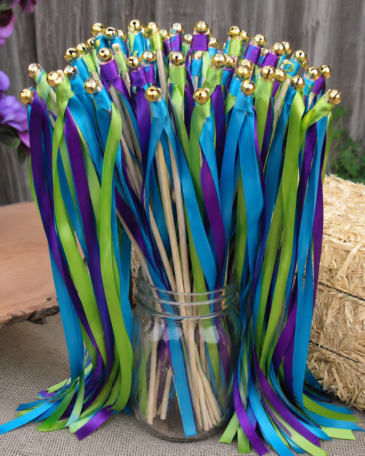 Peacock Blue Green and Purple Ribbon Wands with Gold Bells for Wedding and Party Send Off