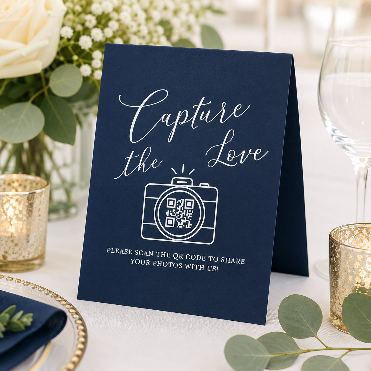 Personalized Capture the Love QR Code Table Signs | Folded Wedding QR Code Table Tent Signs, 4" × 6"