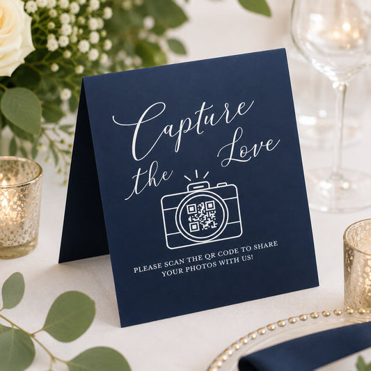 Personalized Capture the Love QR Code Table Signs | Folded Wedding QR Code Table Tent Signs, 4" × 6"