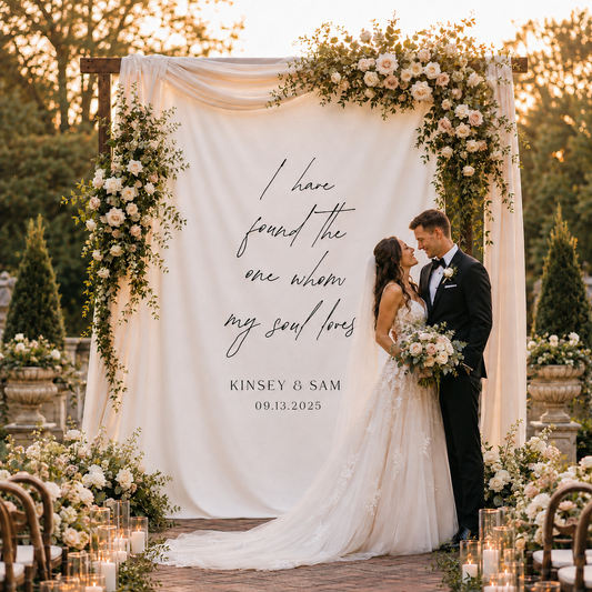 Personalized “I Have Found the One Whom My Soul Loves” Wedding Backdrop Custom Names & Date Fabric Ceremony Sign
