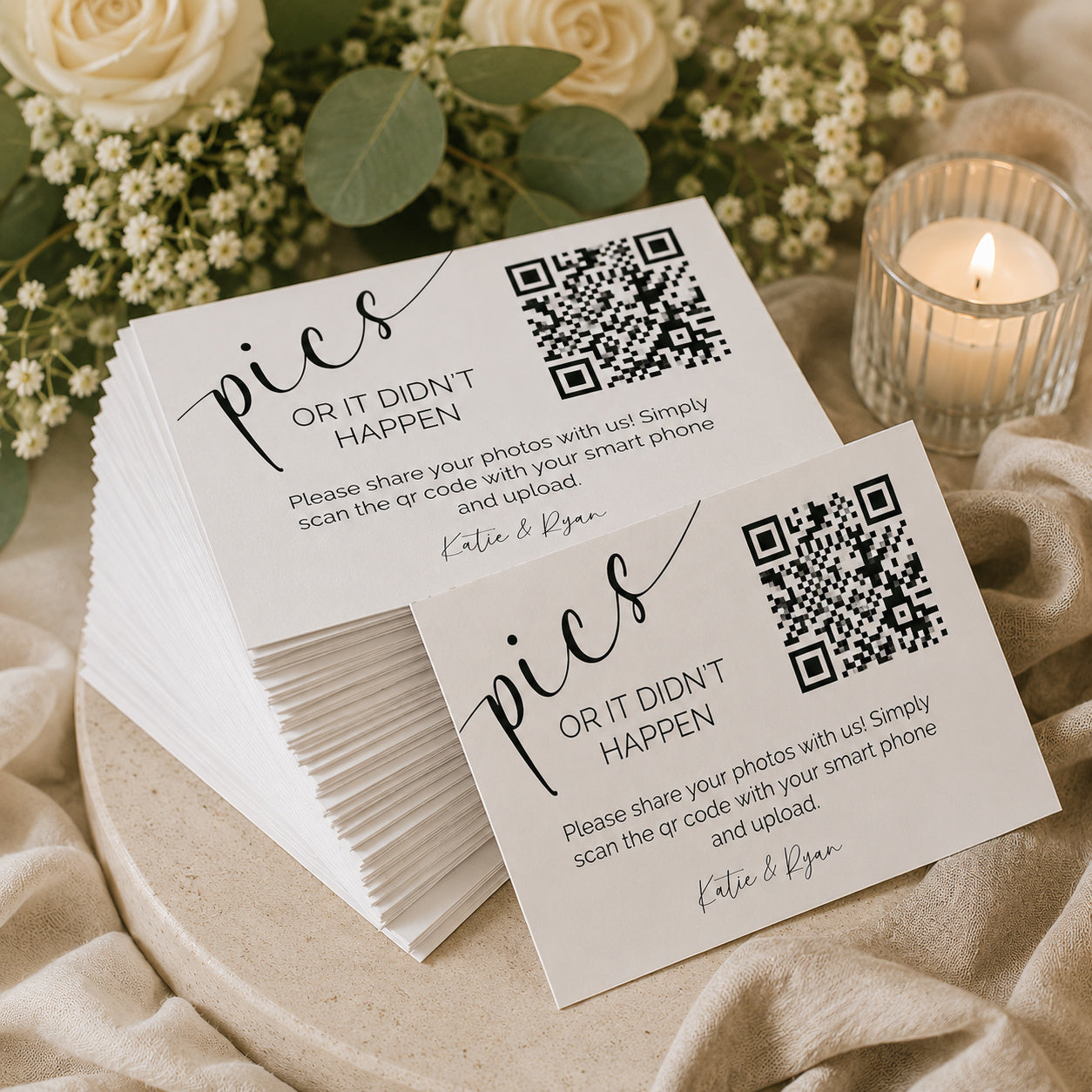 100 "Pics or It Didn't Happen" QR Code Cards | Personalized Wedding Photo Sharing Cards